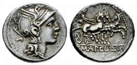Mallius. T. Mallius Mancinus Appius. Denarius. 111-110 BC. Rome. (Ffc-834). (Craw-299/1b). (Cal-919). Anv.: Head of Roma right, circle in square behin...