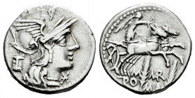 Marcius. M. Marcius Mn. f. Denarius. 134 BC. Rome. (Ffc-850). (Craw-245/1). (Cal-934). Anv.: Head of Roma right, X below chin, modius behind. Rev.: Vi...