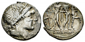 Memmius. L. Memmius. Denarius. 109-108 BC. Southeast Italy. (Ffc-906). (Craw-304/1). (Cal-980). Anv.: Laureate male head right, wearing oak-wreath. X ...