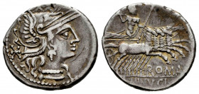 Minucius. L. Minucius Thermus. Denarius. 133 BC. Rome. (Ffc-921). (Craw-248/1). (Cal-1023). Anv.: Head of Roma right, X behind. Rev.: Jupiter in quadr...