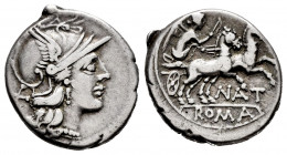 Pinarius. Pinarius Natta. Denarius. 155 BC. Rome. (Ffc-964). (Craw-200/1). (Cal-1091). Anv.: Head of Roma right, X behind. Rev.: Victory in biga right...