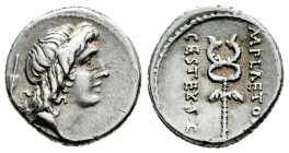 Plaetorius. M. Plaetorius M.f. Cestianus. Denarius. 69 BC. Rome. (Ffc-972). (Craw-405/5). (Cal-1107). Anv.: Young male head (Bonus Eventus) right, spe...