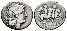 Plautius. L. Plautius Hispaeus. Denarius. 194-190 BC. Rome. (Ffc-993). (Craw-134/1a). (Cal-1123). Anv.: Head of Roma right, X behind. Rev.: The Dioscu...