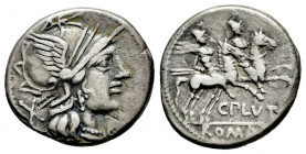 Plutius. C. Plutius. Denarius. 121 BC. Auxiliary mint of Rome. (Ffc-1009). (Craw-278/1). (Cal-1136). Anv.: Head of Roma right, X behind. Rev.: The Dio...