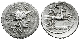 Pomponius. L. Pomponius Cn. f. Denarius. 118 BC. Narbo. (Ffc-1028). (Craw-282/4v). (Cal-1175). Anv.: L. POMPONI. CNF. (NF interlace), around head of R...