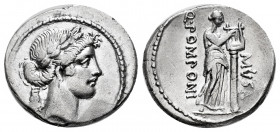 Pomponius. Q. Pomponius Rufus. Denarius. 66 BC. Rome. (Ffc-1034). (Seaby-410/2b). (Cal-1181). Anv.: Laureate head of Apollo right, lyre-key behind. Re...