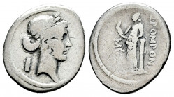 Pomponius. Q. Pomponius Rufus. Denarius. 66 BC. Rome. (Ffc-1035). (Craw-410/3). (Cal-1182). Anv.: Laureate head of Apollo right, rolled up scroll tied...