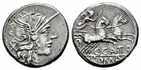 Porcius. C. Porcius Cato. Denarius. 123 BC. Auxiliary mint of Rome. (Ffc-1050). (Craw-274/1). (Cal-1196). Anv.: Head of Roma right, X behind. Rev.: Vi...