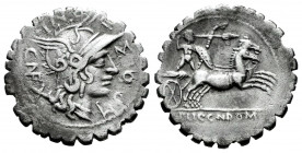 Porcius. Lucius Porcius Licinius. Denarius. 118 BC. Narbo. (Ffc-1054). (Craw-282/5). (Cal-1200). Anv.: L. PORCI. LICI, head of Roma right, X behind. R...