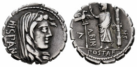 Postumius. A. Postumius A.f. Sp.n. Albinus. Denarius. 81 BC. Auxiliary mint of Rome. (Ffc-1072). (Craw-372/2). (Cal-1216). Anv.: HISPAN behind veiled ...
