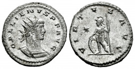 Gallienus. Antoninianus. 263-264 AD. Antioch. (Ric-668). Anv.: GALLIENVS AVG, radiate, draped, cuirassed bust right. Rev.: VIRTVS AVG, soldier standin...