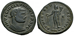 Diocletian. Follis. 304-305 AD. Antioch. (Ric-VI 58a). Anv.: IMP C DIOCLETIANVS P F AVG, laureate head to right. Rev.: GENIO POPVLI ROMANI, Genius, we...