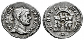 Maximianus Herculius. Argenteus. 295-297 AD. Trier. (Ric-105b). Anv.: MAXIMIANVS NOB C, laureate head right. Rev.: VIRTVS MILITVM, four tetrarchs sacr...