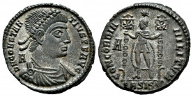 Constantius II. Centenionalis. 350 AD. Siscia. (Ric-280). Anv.: D N CONSTANTIVS P F AVG, pearl-diademed, draped and cuirassed bust right; A behind. Re...