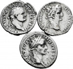Lot of 3 denarii of the Roman Empire, 2 of Tiberius and 1 of Vespasian. Cleaned. TO EXAMINE. Almost VF. Est...200,00. 

Spanish Description: Lote de...