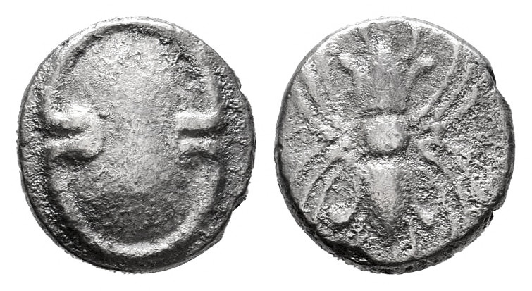 Boeotia. Obol. 400-375 BC. Mycalessos. (Hgc-4). Anv.: Boeotian shield. Rev.: Thu...