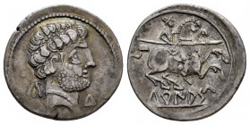 Turiasu. Denarius. 120-20 BC. Tarazona (Zaragoza). (Abh-2417). (Acip-1722). Anv.: Bearded head right, iberian letter KA, S and TU. Rev.: Horseman righ...