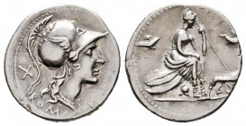 Anonymous. Denarius. 115-114 BC. Central Italy. (Ffc-83). (Craw-287/1). (Cal-58). Anv.: Head of Roma right, X behind. ROMA below. Rev.: Roma seated ri...