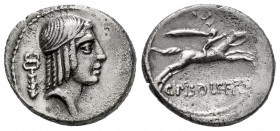 Calpurnius. C. Calpurnius Piso Frugi. Denarius. 64 BC. Rome. (Ffc-476). (Craw-408/1b). (Cal-349d). Anv.: Laureate head of Apollo right, club ending in...