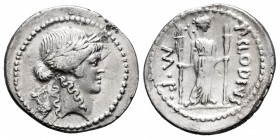 Claudia. P. Claudius M.f. Turrinus. Denarius. 42 BC. Rome. (Ffc-569). (Craw-494/23). (Cal-428). Anv.: Laureate head of Apollo right, lyre behind. Rev....