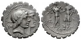 Fufius. Q. Fufius Calenus y Mucius Cordus. Denarius. 70 BC. (Ffc-725). (Craw-403/1). (Cal-595). Anv.: KAL(ENI) below jugate heads of Honos and Virtus,...
