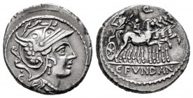 Fundanius. C. Fundanius. Denarius. 101 BC. Rome. (Ffc-727). (Craw-326/1a). (Cal-597). Anv.: Head of Roma right, letter or letter and dot behind. Rev.:...