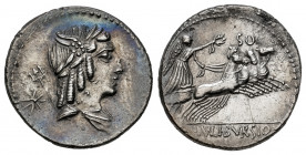 Julius. L. Julius Bursio. Denarius. 85 BC. Auxiliary mint of Rome. (Ffc-771). (Craw-352). (Cal-637). Anv.: Bust of Genius (or Apollo Vejovis) right, l...