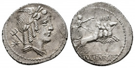 Julius. L. Julius Bursio. Denarius. 85 BC. Auxiliary mint of Rome. (Ffc-771). (Craw-no cita). (Cal-637). Anv.: Bust of Genius (or Apollo Vejovis) righ...