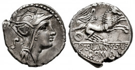 Junius. D. Junius Silanus L.f. Denarius. 91 BC. Rome. (Ffc-791). (Craw-337/3v). (Cal-871). Anv.: Head of Roma right, letter behind. Rev.: Victoy in bi...