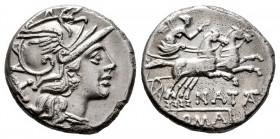 Pinarius. Pinarius Natta. Denarius. 149 BC. Rome. (Ffc-965). (Craw-208/1). (Cal-1092). Anv.: Head of Roma right, X behind. Rev.: Victory in biga right...