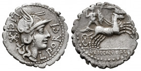 Porcius. Lucius Porcius Licinius. Denarius. 118 BC. Narbo. (Ffc-1054). (Craw-282/5). (Cal-1200). Anv.: L. PORCI. LICI, head of Roma right, X behind. R...