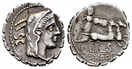 Procilius. L. Procilius f. Denarius. 80 BC. South of Italy. (Ffc-1082). (Craw-379/2). (Cal-1225). Anv.: Head of Juno Sospita right, wearing goat's ski...
