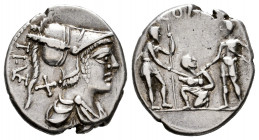 Veturius. Ti. Veturius. Denarius. 137 BC. Central Italy. (Ffc-1186). (Craw-234/1). (Cal-1344). Anv.: Draped bust of Mars right, X and TI. VET., (VET i...