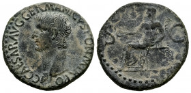 Caligula. Unit. 37-38 AD. Rome. (Ric-I 38). (Bmcre-45). Anv.: C CAESAR AVG GERMANICVS PON M TR POT, bare head to left. Rev.: (VESTA), Vesta seated to ...