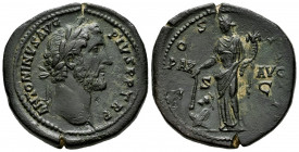 Antoninus Pius. Sestertius. 145-161 AD. Rome. (Ric-III 777). (Bmcre-1698). Anv.: ANTONINVS AVG PIVS P P TR P, laureate head to right. Rev.: COS IIII, ...