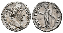 Marcus Aurelius. Denarius. 154-155 AD. Rome. (Ric-III 463a). (Rsc-676). Anv.: AVRELIVS CAESAR AVG PII FIL, bare head right. Rev.: T R POT VIIII COS II...