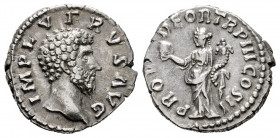 Lucius Verus. Denarius. 161 AD. Rome. (Ric-III 491). (Bmcre-229). (Rsc-156). Anv.: IMP L VERVS AVG, laureate head to right. Rev.: PROV DEOR TR P COS I...