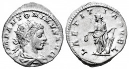 Elagabalus. Antoninianus. 218-220 AD. Rome. (Ric-94). (Rsc-71). Rev.: LAETITIA PVBL, Laetitia standing left, holding wreath and rudder set on globe. A...