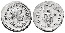 Philip I. Antoninianus. 244-249 AD. Rome. (Ric-8). (Rsc-98). Rev.: NOBILITAS AVGG, Nobilitas standing to right, holding sceptre and globe; letter in l...