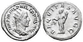 Philip I. Antoninianus. 244-247 AD. Rome. (Ric-27). (Rsc-9). Rev.: AEQVITAS AVGG, Aequitas standing to left, holding scales and cornucopiae. Ag. 4,82 ...