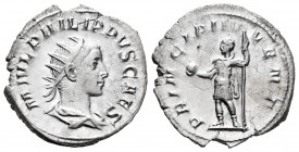 Philip II. Antoninianus. 244-246 AD. Rome. (Ric-218d). (Rsc-48). Rev.: PRINCIPI IVVENT, Prince standing to left, holding globe and spear. Ag. 3,82 g. ...