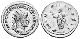 Volusian. Antoninianus. 253 AD. Rome. (Ric-140). (Rsc-92). Rev.: P M TR P IIII COS II, Emperor standing to left, holding branch and short transverse s...
