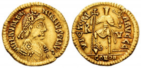 Pseudo-Imperial. In the name of Valentinian III. Solidus. circa 439-455 AD. Uncertain mint in Gaul. (Ric-3713). (C-19). Anv.: Blundered legend; Rosett...
