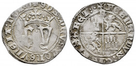 Catholic Kings (1474-1504). 1/2 real. Burgos. (Cal-181). Ag. 1,59 g. Before the Pragmatica. Very rare. VF. Est...3000,00. 

Spanish Description: Fer...
