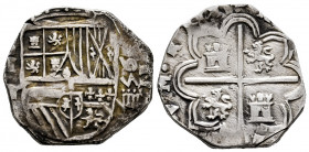 Philip II (1556-1598). 4 reales. 1595. Segovia. I. (Cal-548). Ag. 11,34 g. Date with two digits to the right of shield. Rare. Choice VF. Est...400,00....