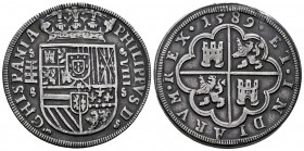 Philip II (1556-1598). 8 reales. 1589. Segovia. (Cal-717). Ag. 26,78 g. Aqueduct with two rows of three arches. Rare. Choice VF. Est...1200,00. 

Sp...