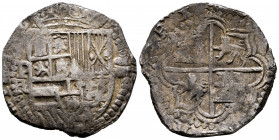 Philip III (1598-1621). 8 reales. (1603-1612). Potosí. R. (Cal-912). Ag. 27,33 g. Date not visible. Value VIII. Almost VF. Est...250,00. 

Spanish D...