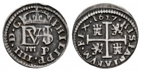 Philip IV (1621-1665). 1/2 real. 1627. Segovia. P. (Cal-620). Ag. 1,68 g. Aqueduct with two arches. Patina. Choice VF. Est...60,00. 

Spanish Descri...