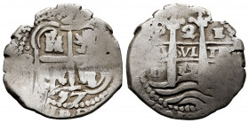 Philip IV (1621-1665). 2 reales. 1657. Potosí. E. (Cal-925). Ag. 5,94 g. Double date. Knock on obverse. Heavy wavy flan. Choice F/Almost VF. Est...80,...