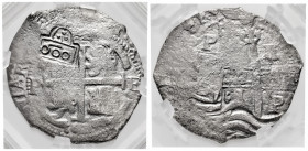 Philip IV (1621-1665). 8 reales. 1661. Potosí. E. (Cal-1525 var). Ag. 19,96 g. Crowned 600 Reis countermark. Slabbed GENI as XF Envt. Damge. Choice F....